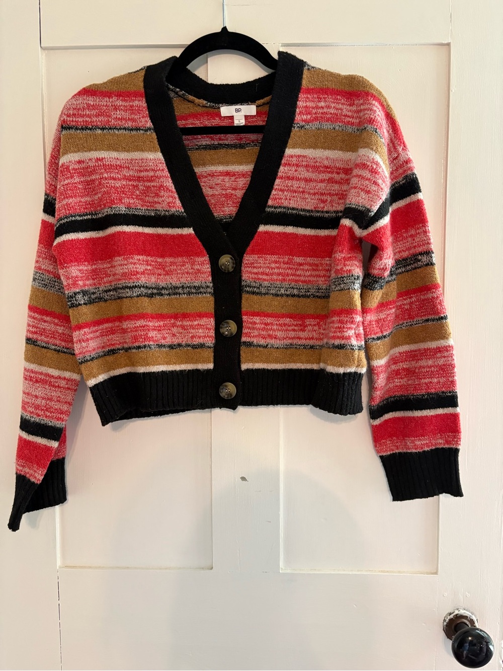 bp Striped V-Neck Cropped Cardigan Sweater - Red, Tan & Black